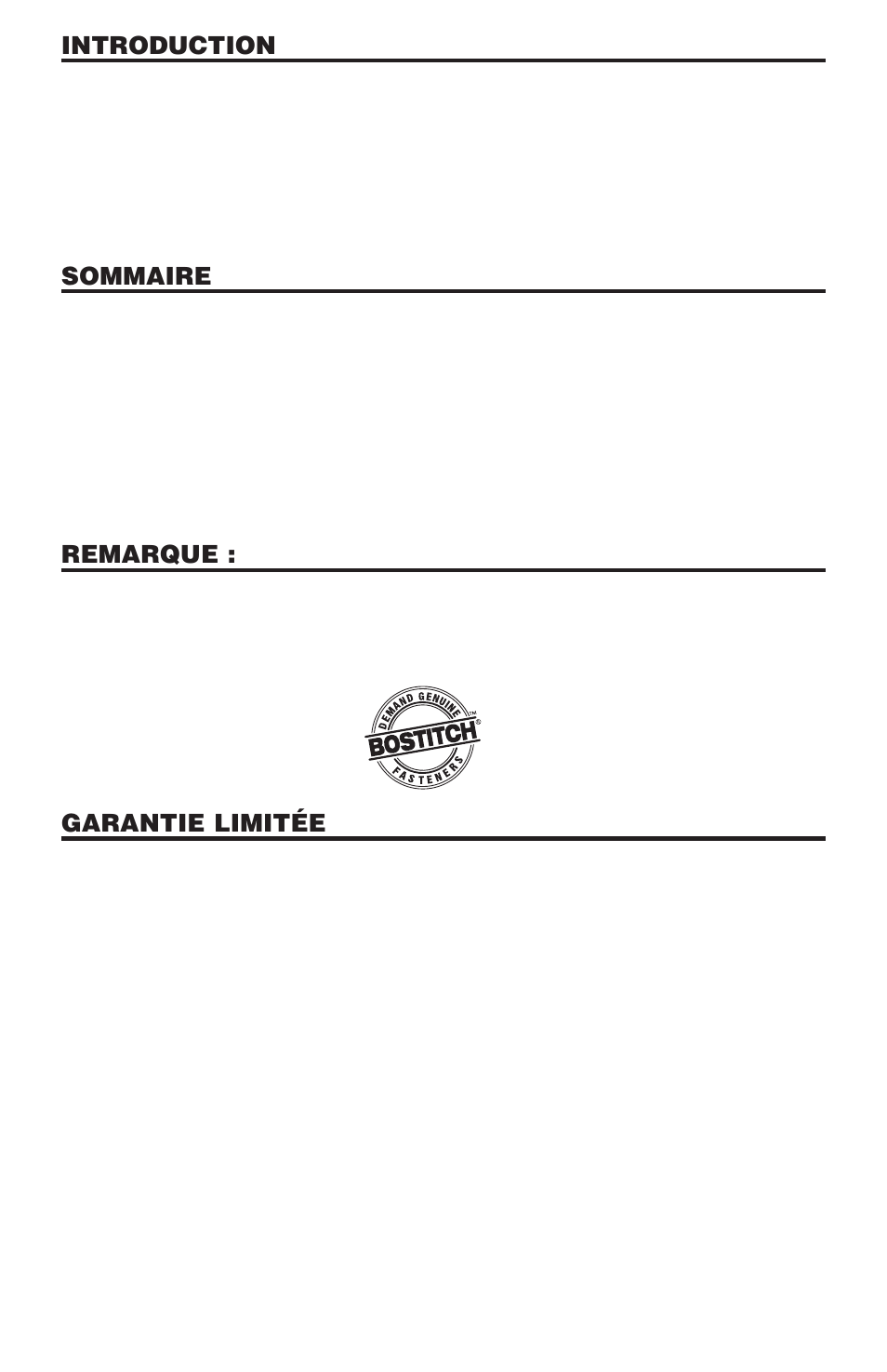 Introduction, Sommaire, Remarque | Garantie limitée | Bostitch N58C User Manual | Page 22 / 32