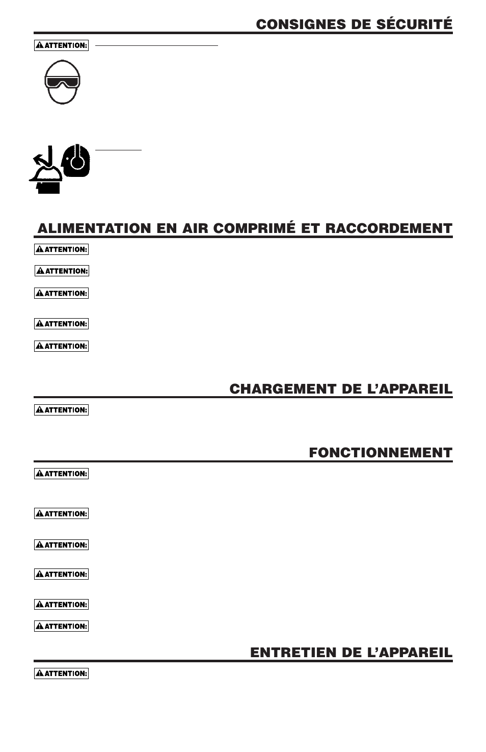 Consignes de sécurité, Alimentation en air comprimé et raccordement, Chargement de l’appareil | Fonctionnement, Entretien de l’appareil | Bostitch N58C User Manual | Page 23 / 32