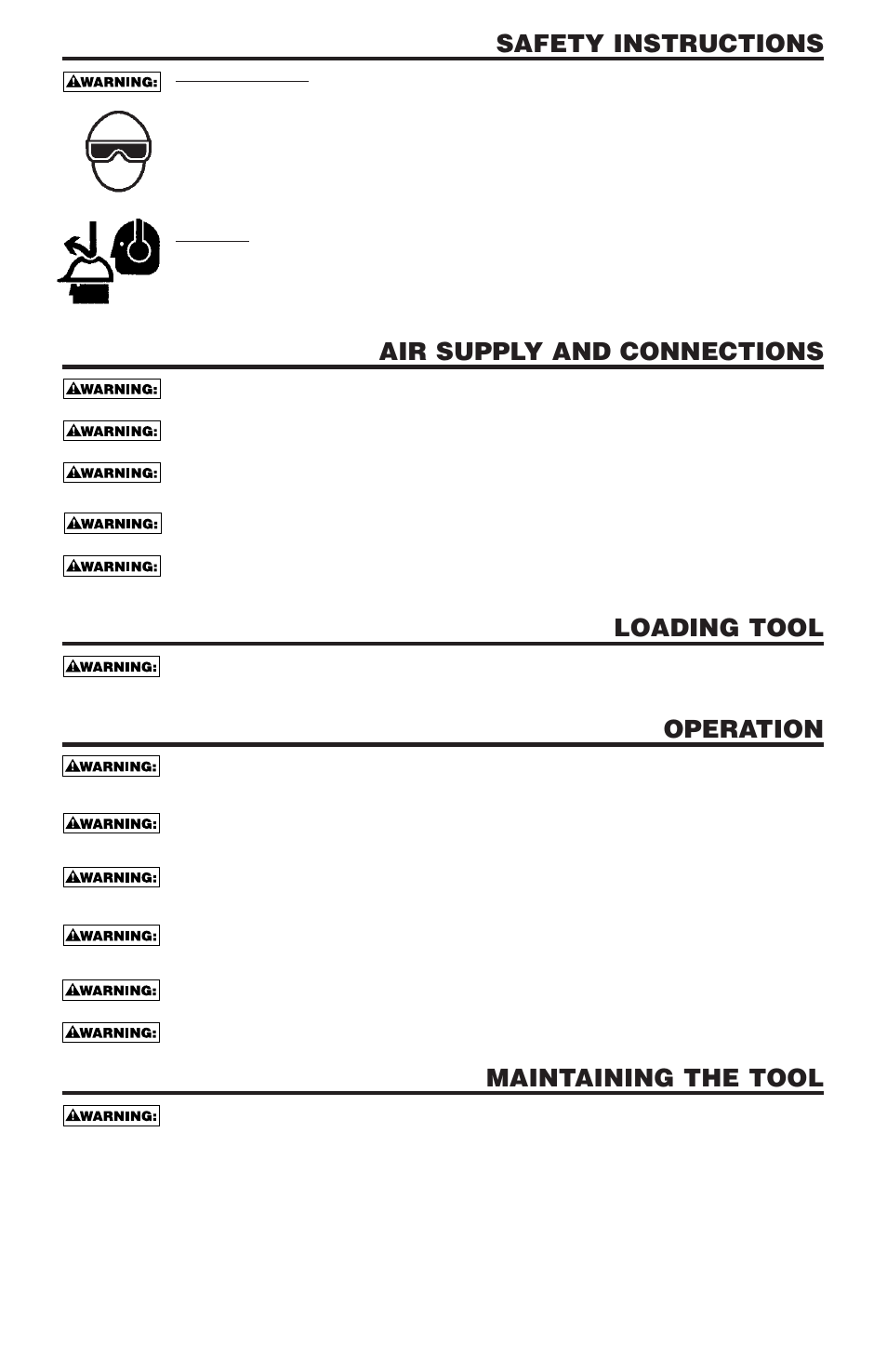 Safety instructions, Air supply and connections, Loading tool | Operation, Maintaining the tool | Bostitch N58C User Manual | Page 3 / 32