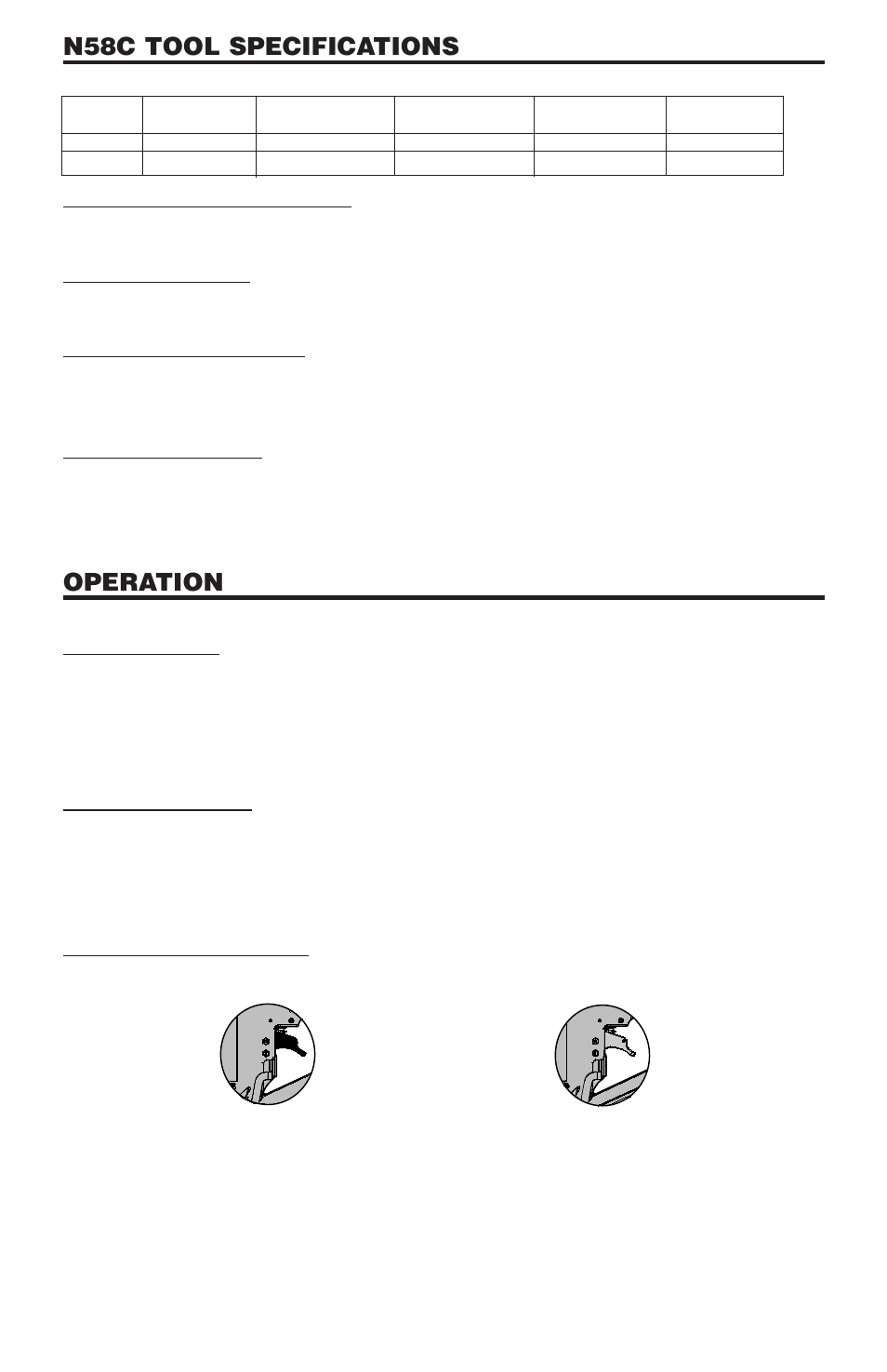 N58c tool specifications, Operation, Fastener specifications | Tool air fitting, Operating pressure, Air consumption, Contact trip, Sequential trip, Model identification | Bostitch N58C User Manual | Page 4 / 32