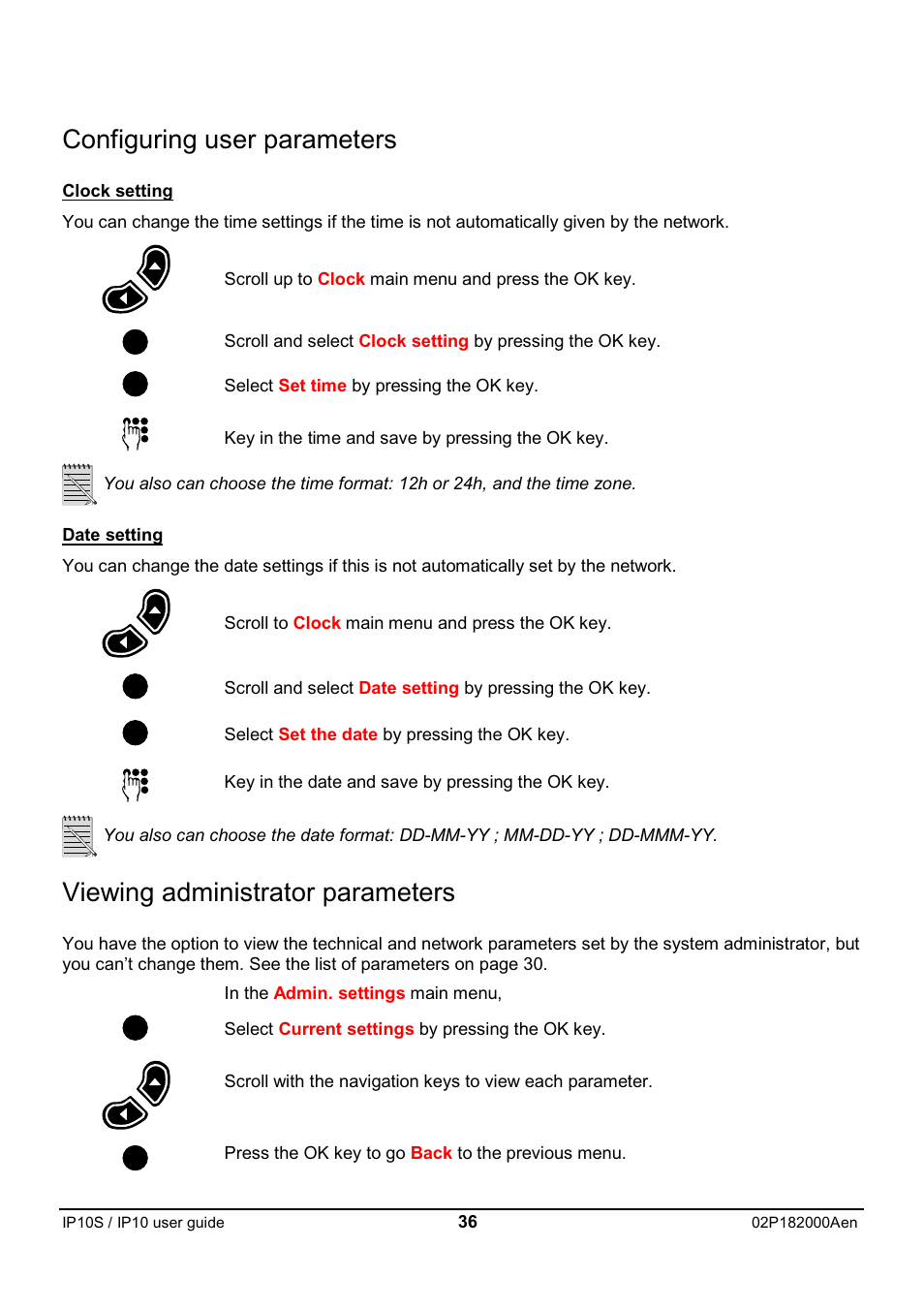 Viewing administrator parameters, Configuring user parameters | Swiss Diamond IP10S User Manual | Page 37 / 43