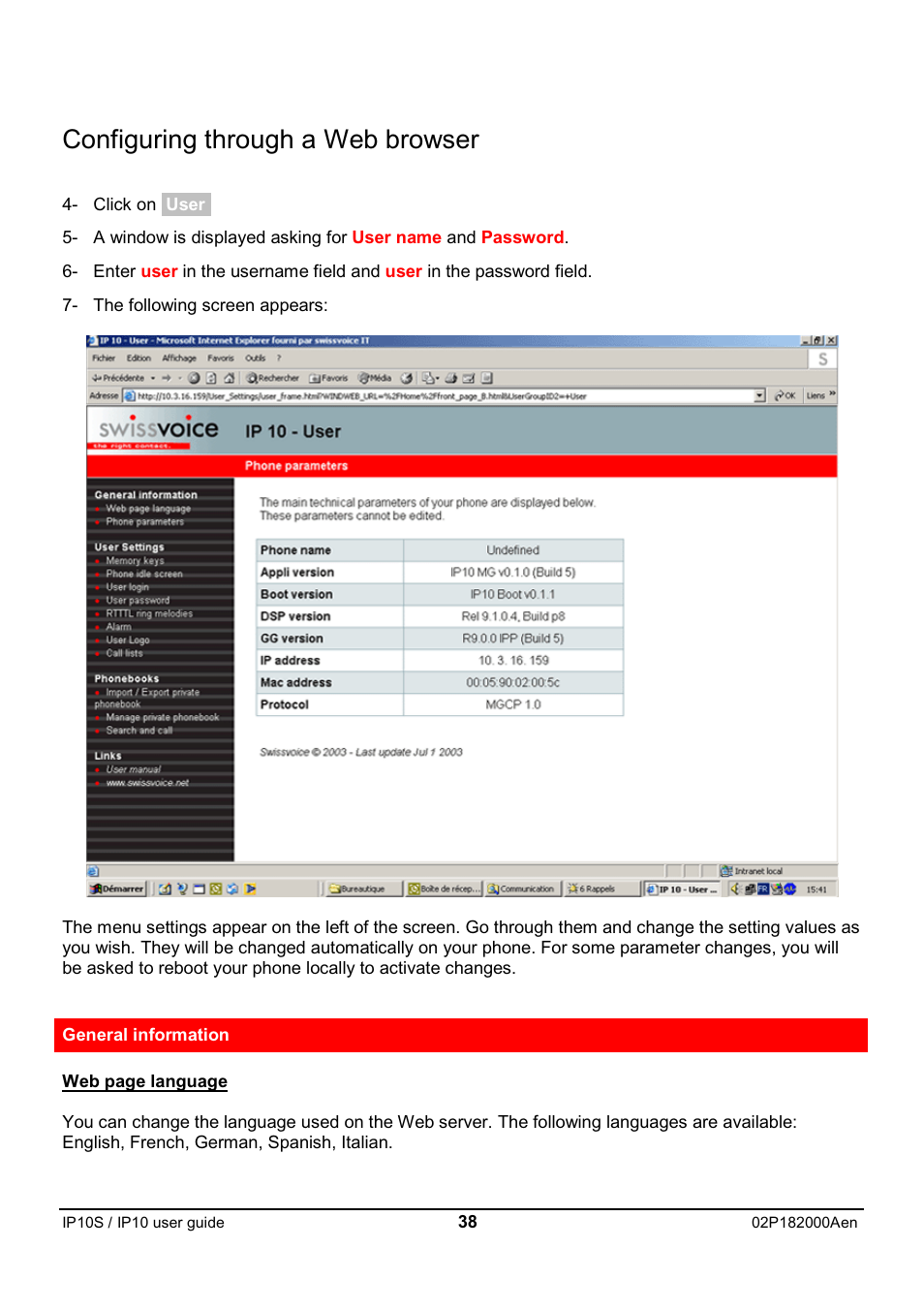 Configuring through a web browser | Swiss Diamond IP10S User Manual | Page 39 / 43