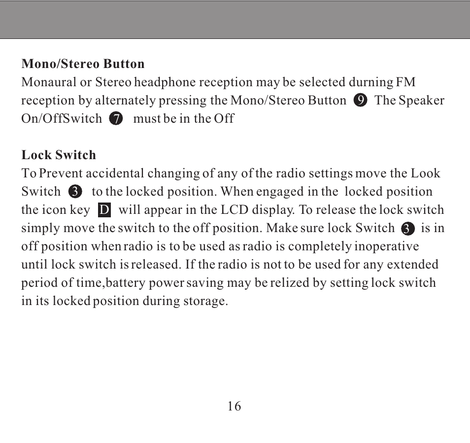 Mono/stereo & lock switch | Sangean DT-300 User Manual | Page 16 / 17