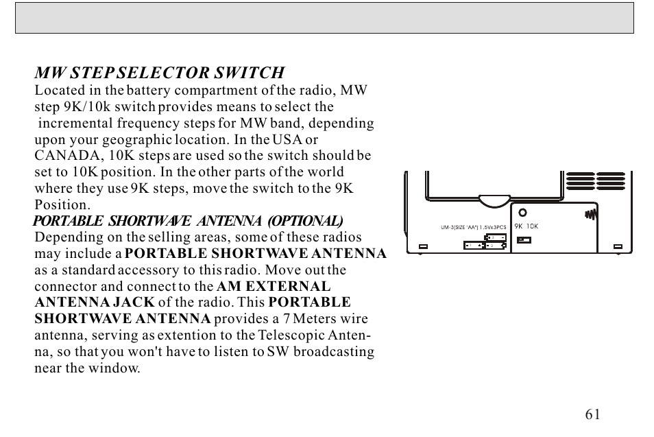 Mw step selector switch, Portable shortwave antenna (optional) 61 | Sangean ATS-606A User Manual | Page 62 / 67