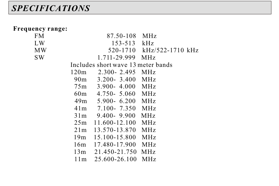 Specifications | Sangean ATS-606A User Manual | Page 66 / 67