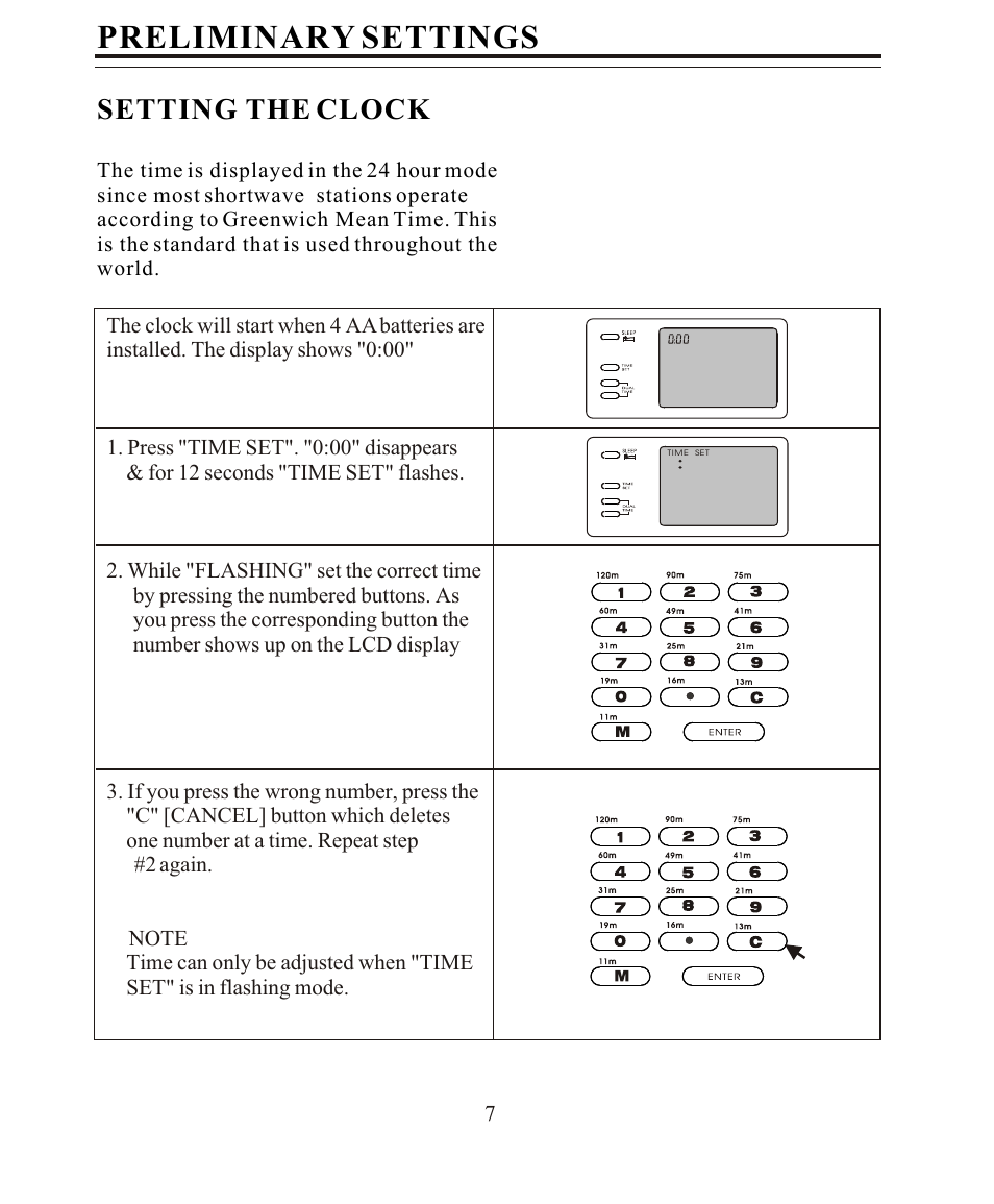 Preliminary settings, Setting the clock | Sangean SANGEAN ATS-808A User Manual | Page 7 / 28