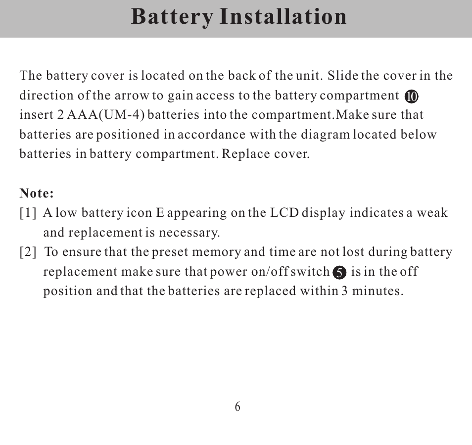 Battery installation | Sangean DT-300/DT-300V User Manual | Page 6 / 17