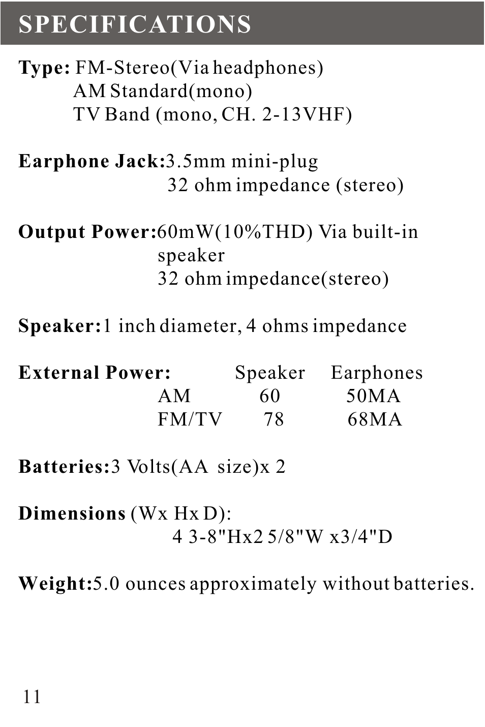 Specifications | Sangean DT-200V User Manual | Page 11 / 12