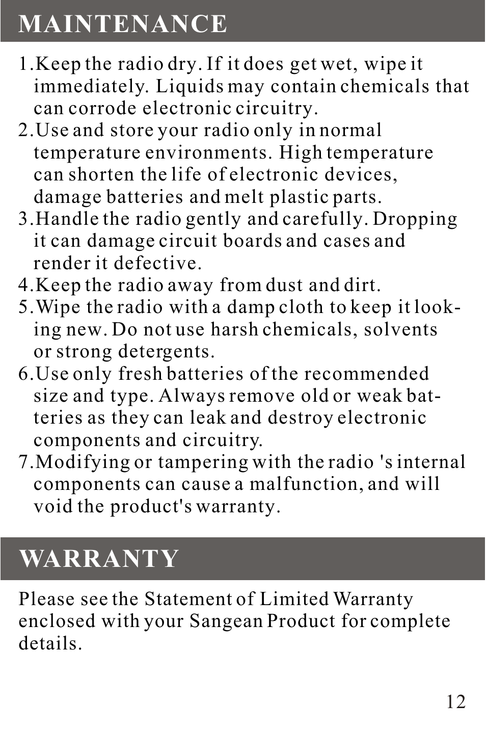 Maintenance/warranty, Maintenance, Warranty | Sangean DT-200V User Manual | Page 12 / 12