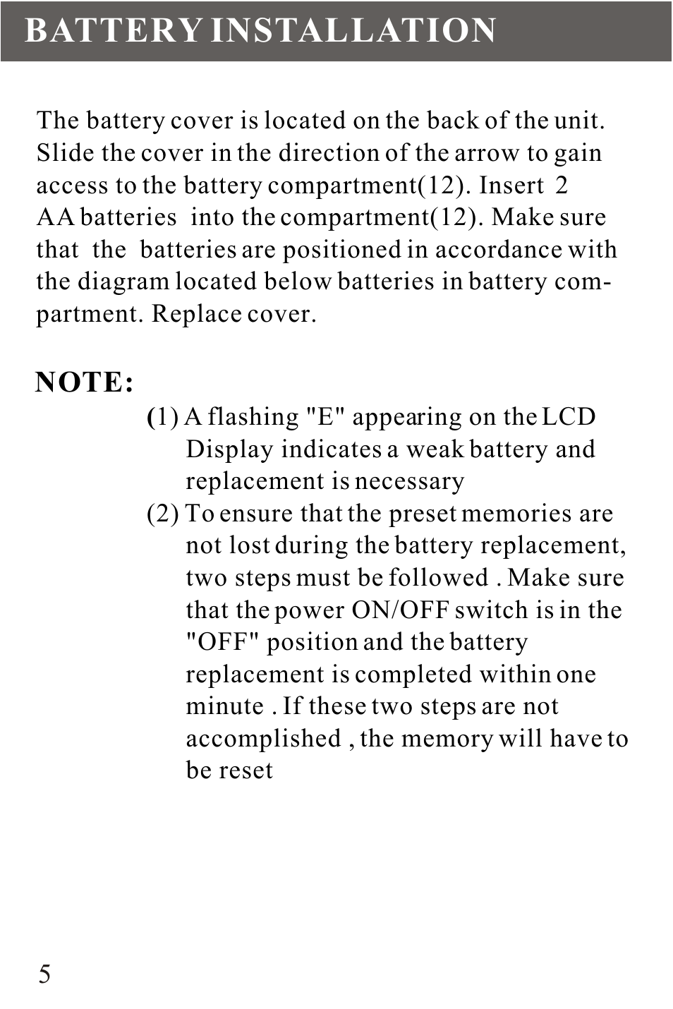 Battery installation | Sangean DT-200V User Manual | Page 5 / 12