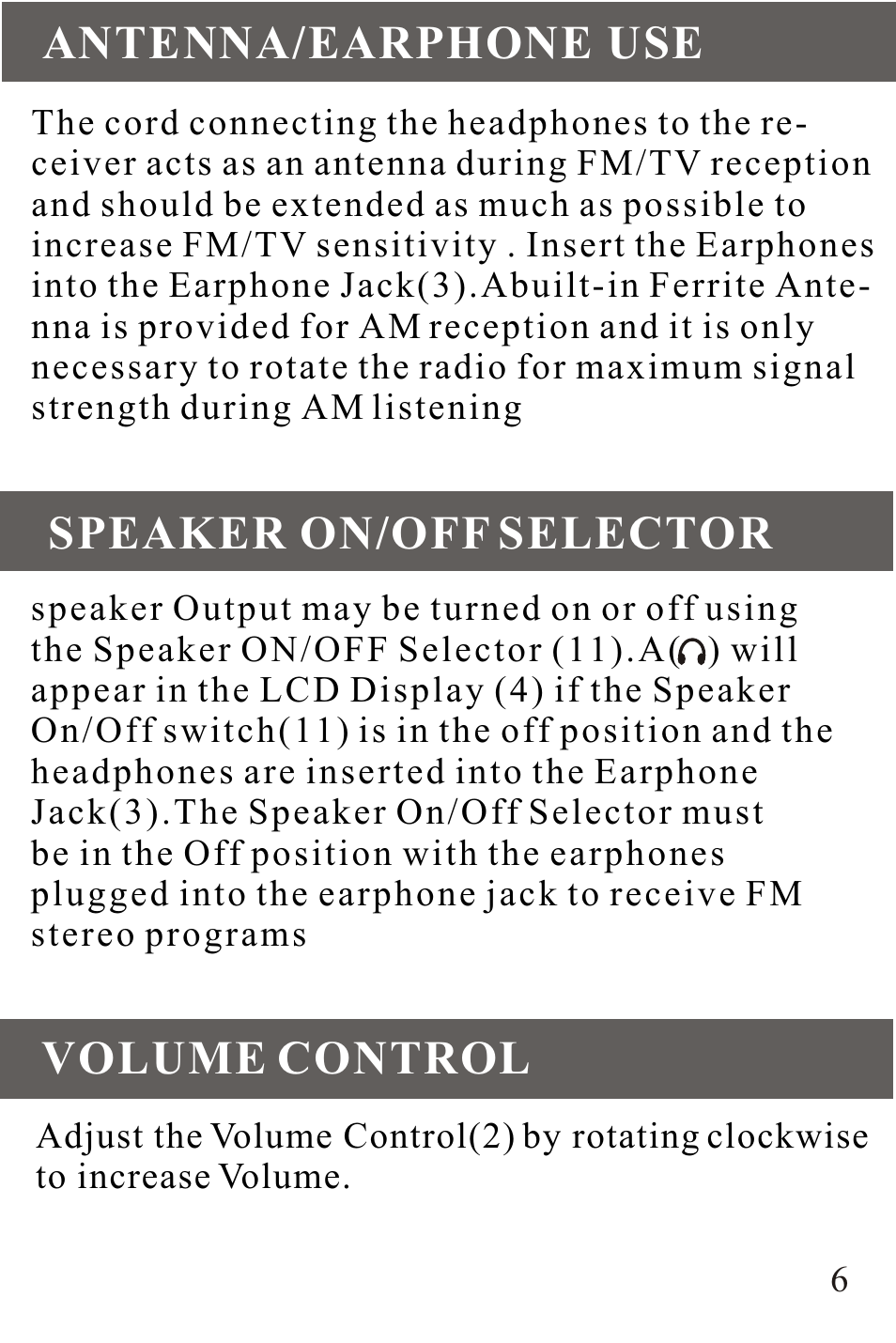 Exterior features, Antenna/earphone use, Speaker on/off selector | Volume control | Sangean DT-200V User Manual | Page 6 / 12