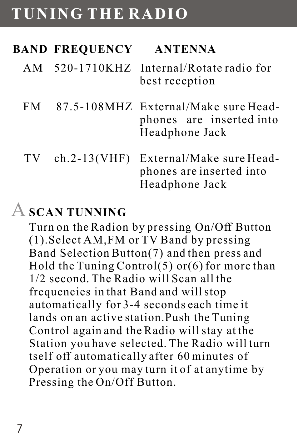 Tuning | Sangean DT-200V User Manual | Page 7 / 12