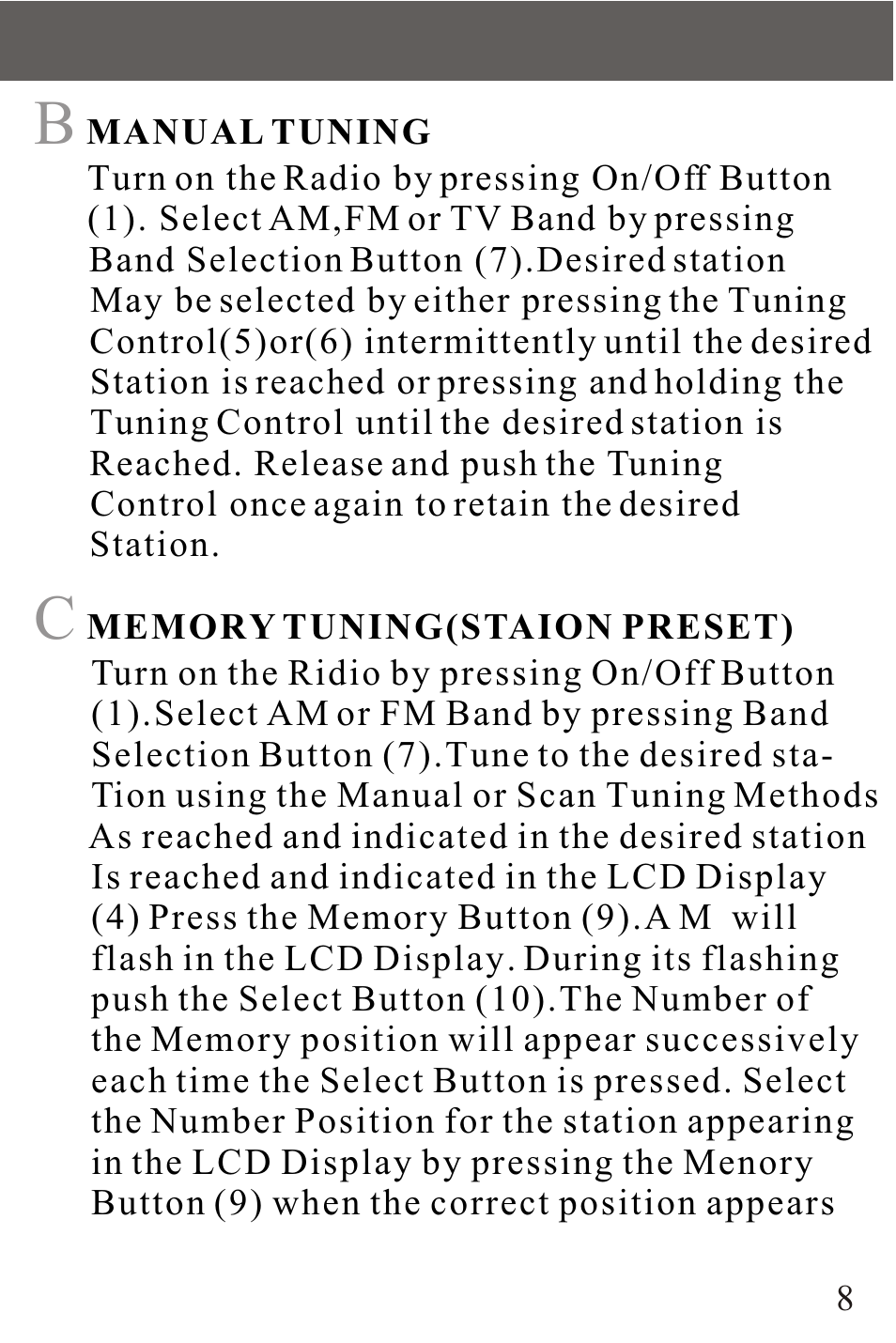 Memory | Sangean DT-200V User Manual | Page 8 / 12