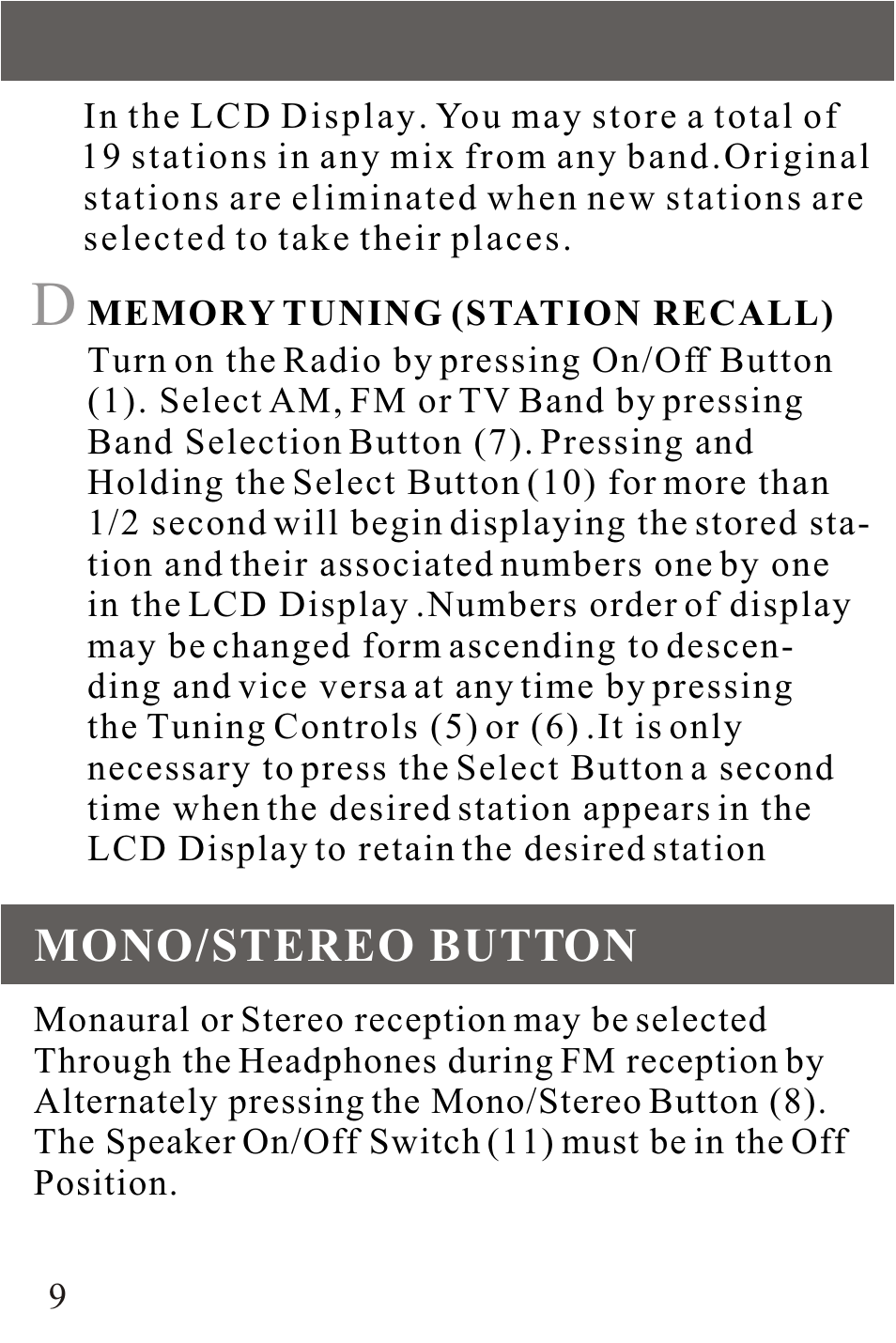 Mono/stereo button | Sangean DT-200V User Manual | Page 9 / 12