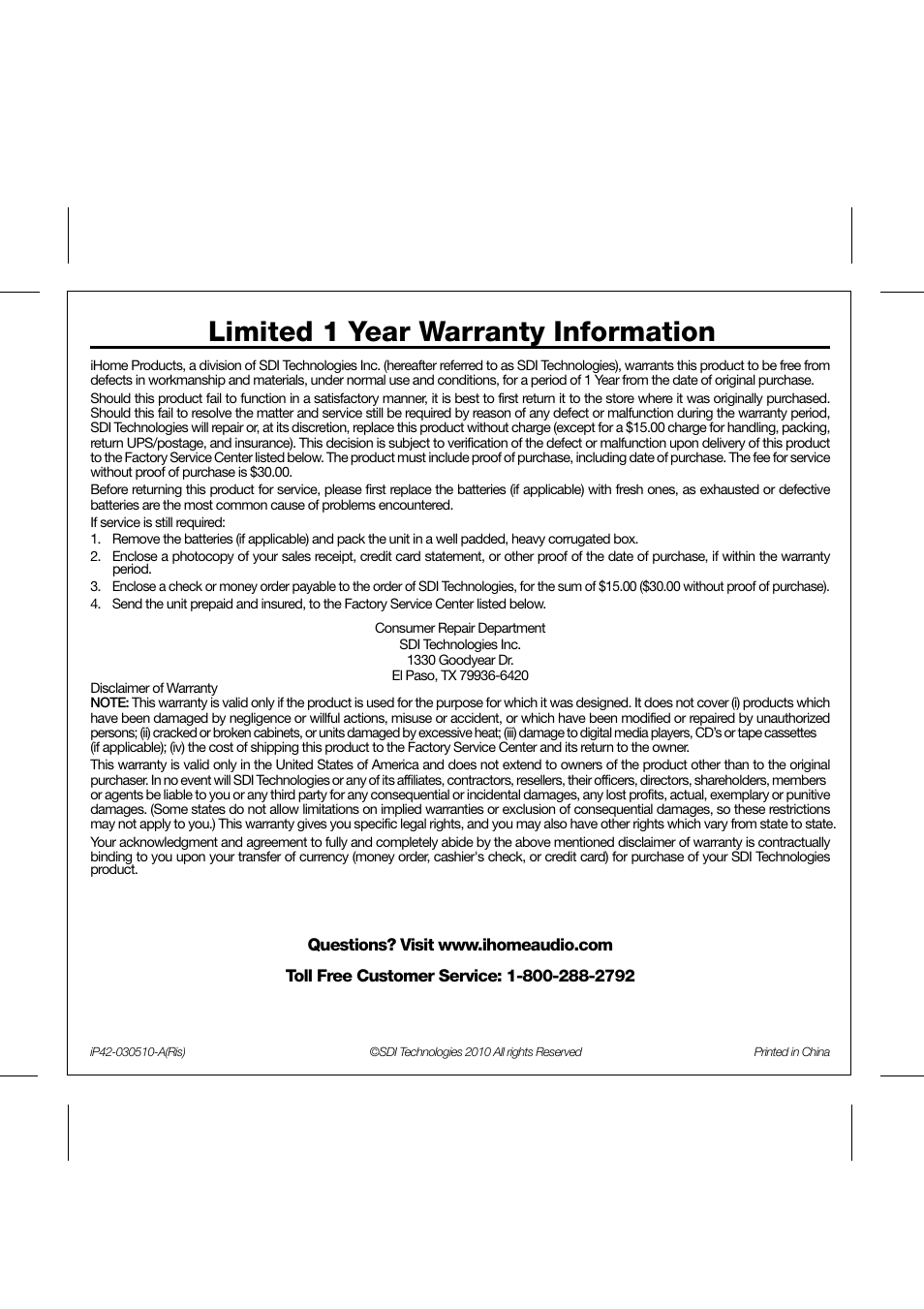 Limited 1 year warranty information | SDI Technologies IHOME IP42 User Manual | Page 13 / 13