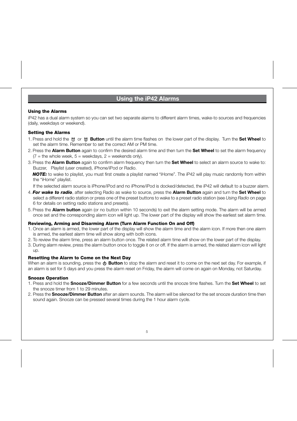 Using the ip42 alarms | SDI Technologies IHOME IP42 User Manual | Page 7 / 13