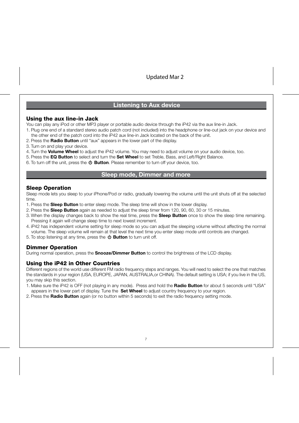 Listening to aux device, Sleep mode, dimmer and more, Updated mar 2 | SDI Technologies IHOME IP42 User Manual | Page 9 / 13