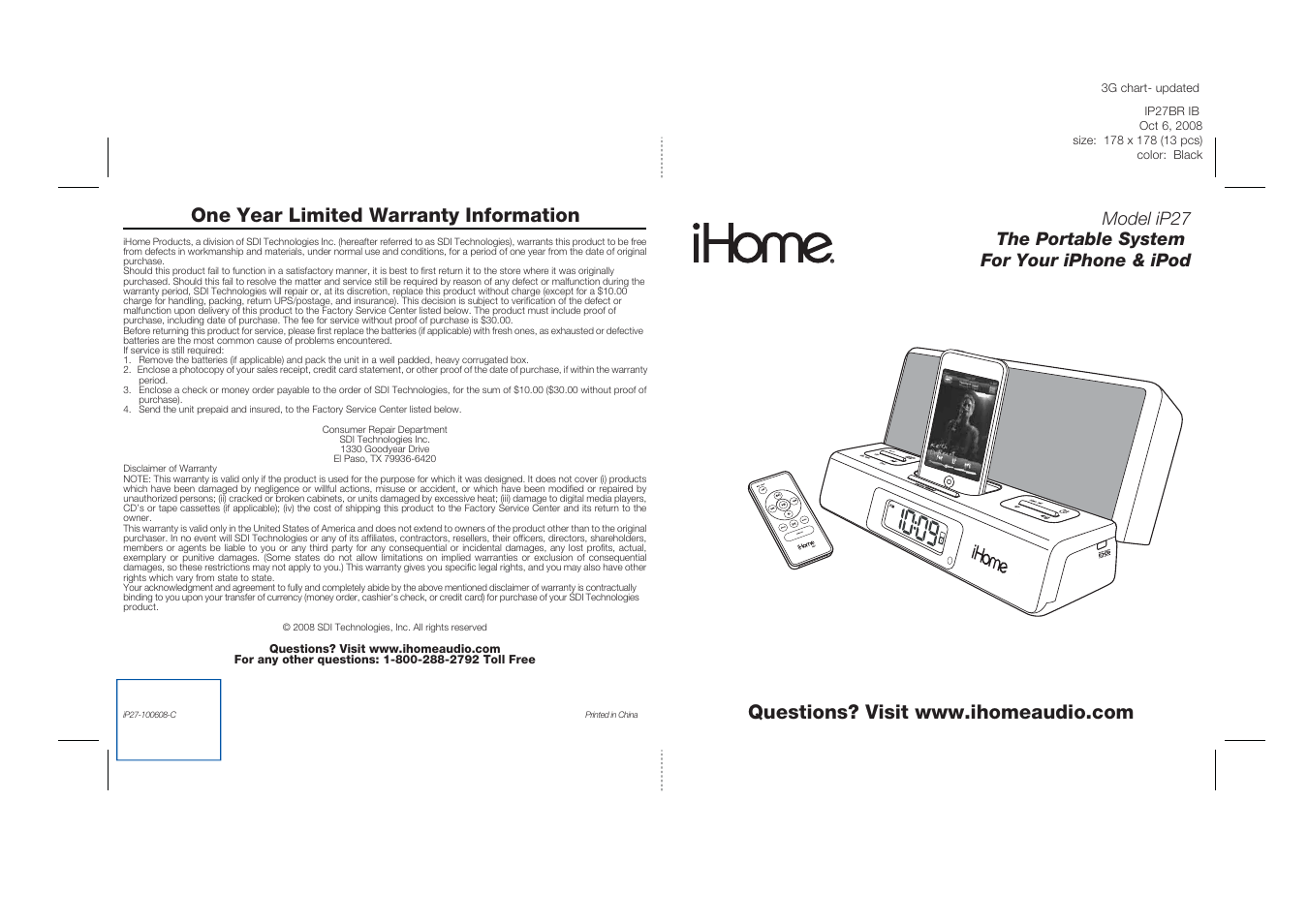 SDI Technologies The Portable System For Your iPhone & iPod iP27 User Manual | Page 2 / 14