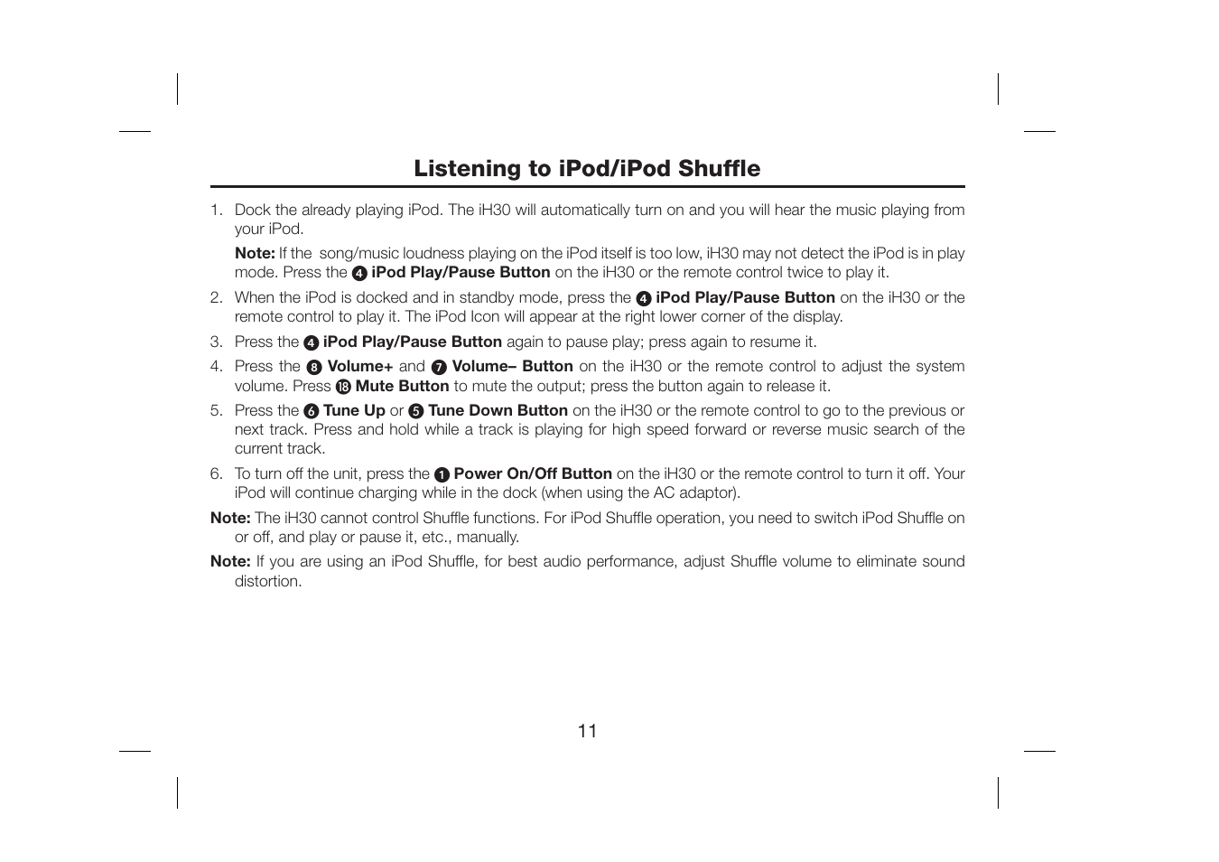 Listening to ipod/ipod shuffle | SDI Technologies iH30 User Manual | Page 13 / 19