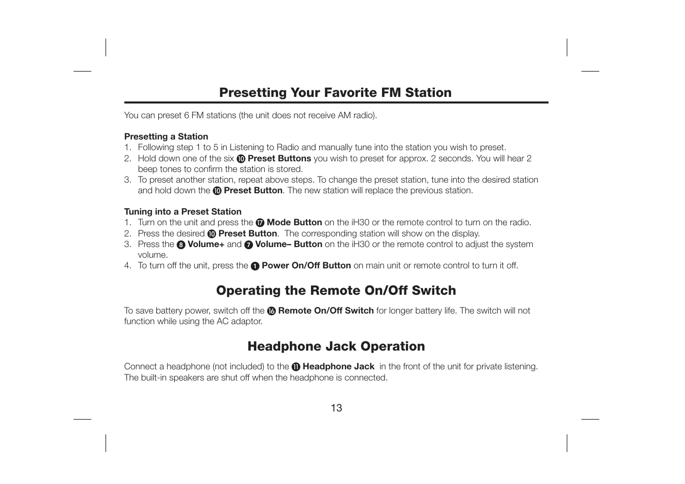 Presetting your favorite fm station, Operating the remote on/off switch, Headphone jack operation | SDI Technologies iH30 User Manual | Page 15 / 19