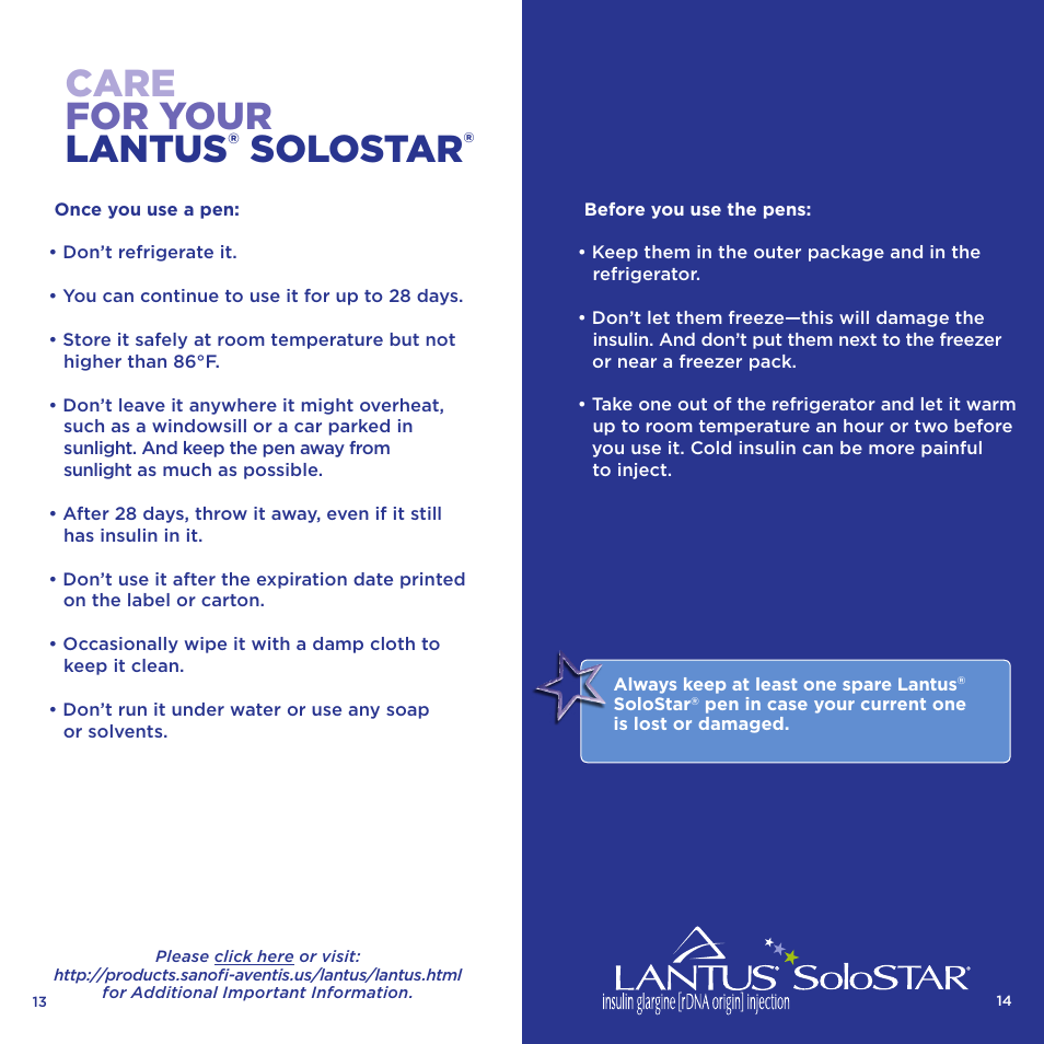 Care for your lantus, Solostar | Sanofi-aventis Lantus SoloSTAR User Manual | Page 8 / 8