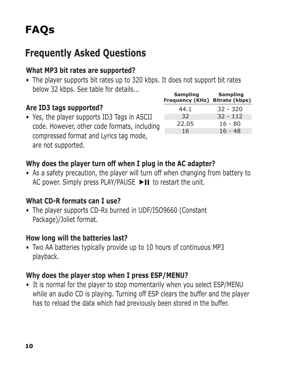 Faqs, Faqs frequently asked questions | Sonic Blue RioVolt SP50 User Manual | Page 10 / 16