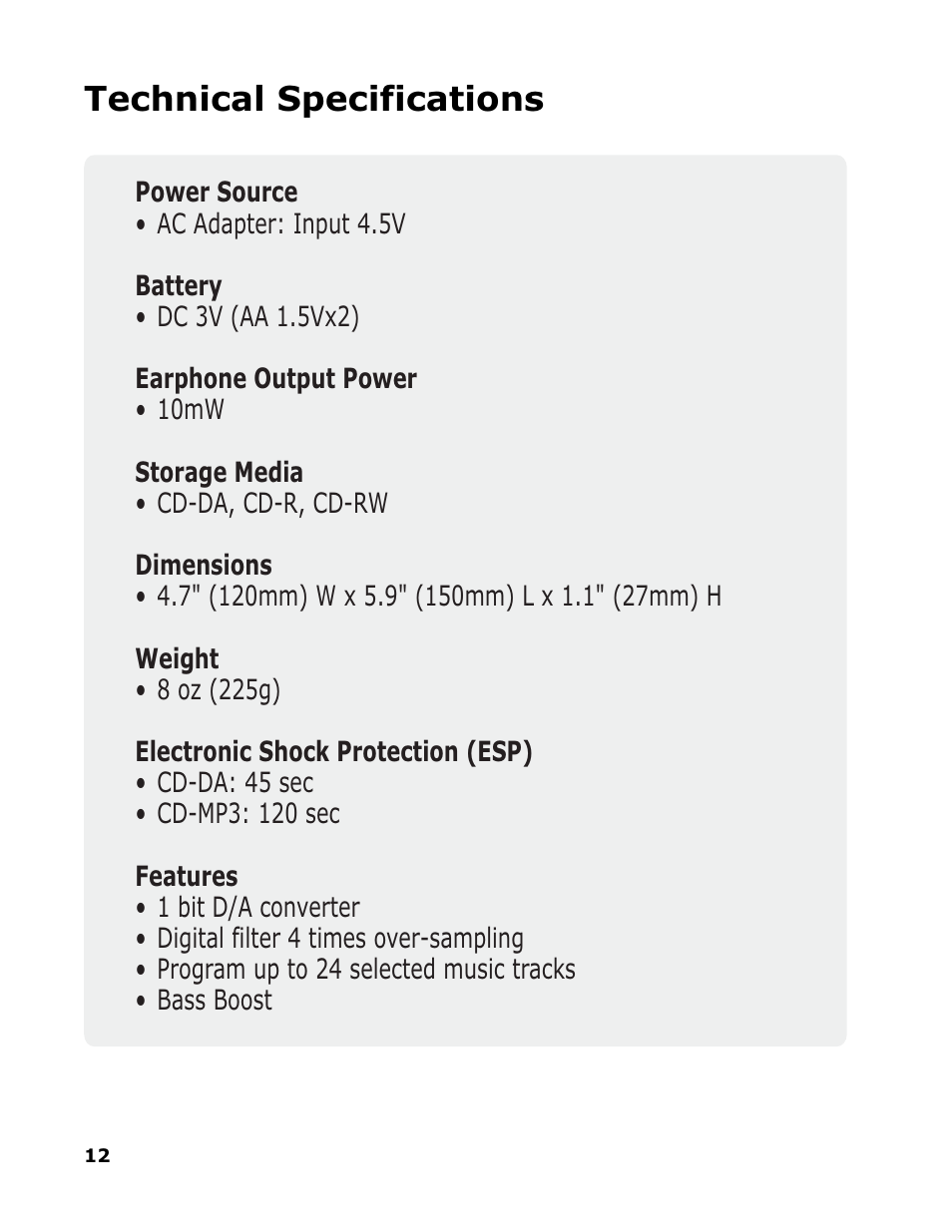 Technical specifications | Sonic Blue RioVolt SP50 User Manual | Page 12 / 16