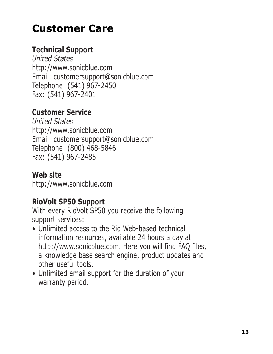 Customer care | Sonic Blue RioVolt SP50 User Manual | Page 13 / 16