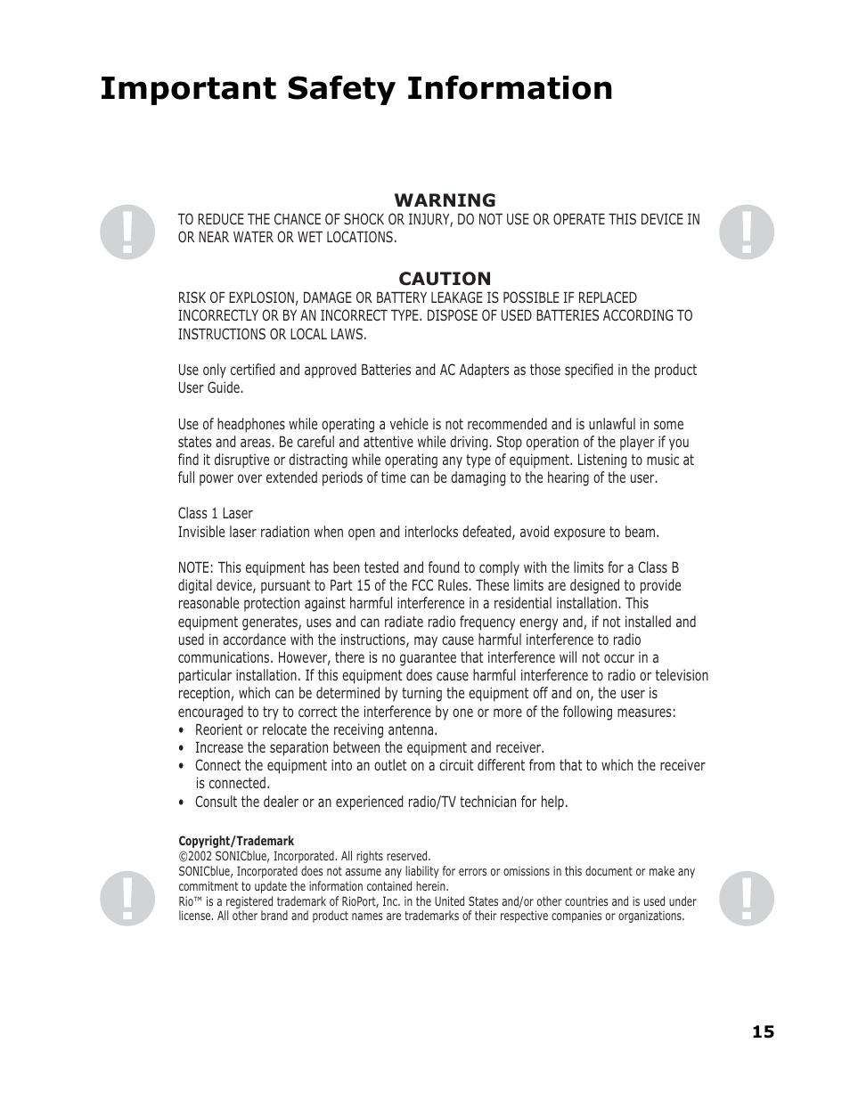 Important safety information | Sonic Blue RioVolt SP50 User Manual | Page 15 / 16
