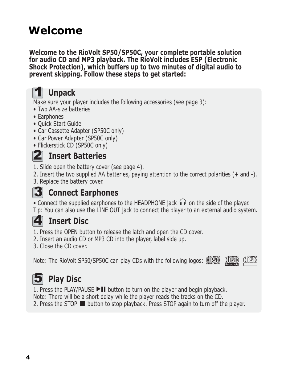 Welcome, Unpack | Sonic Blue RioVolt SP50 User Manual | Page 4 / 16