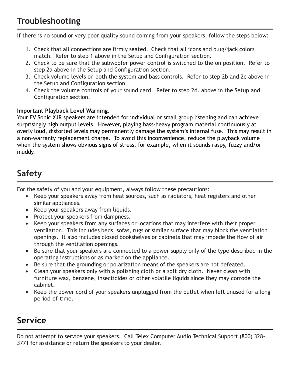 Troubleshooting, Safety, Service | Sonic Blue XJR User Manual | Page 4 / 8