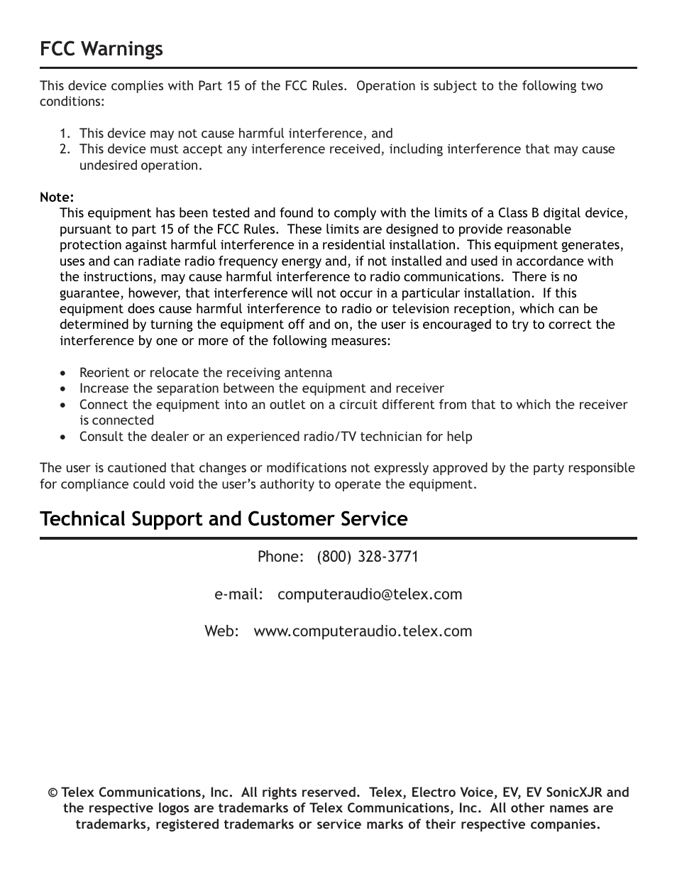 Fcc warnings, Technical support and customer service | Sonic Blue XJR User Manual | Page 5 / 8