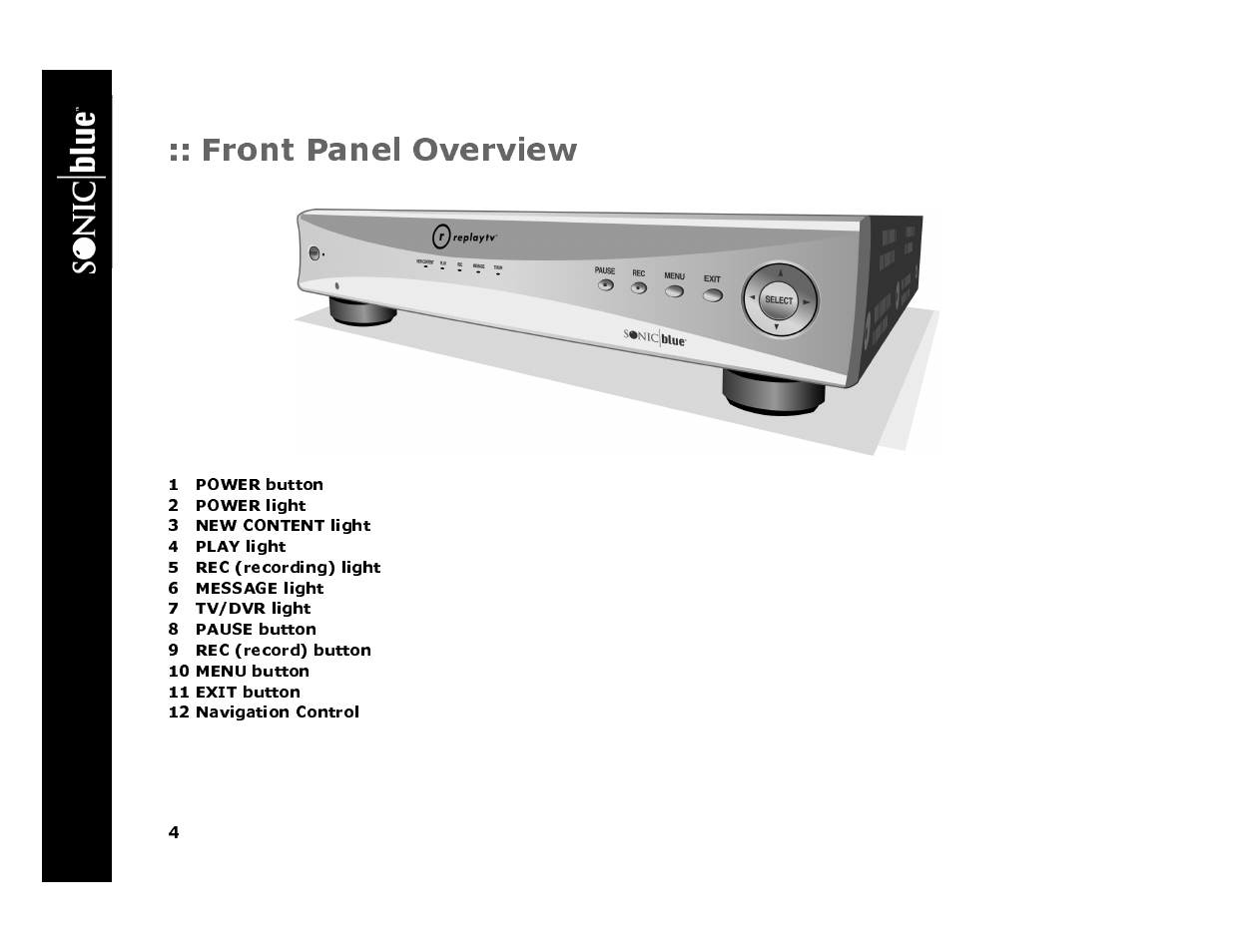 Front panel overview, 1 power button, 2 power light | 3 new content light, 4 play light, 5 rec (recording) light, 6 message light, 7 tv/dvr light, 8 pause button, 9 rec (record) button | Sonic Blue 4500 User Manual | Page 10 / 86