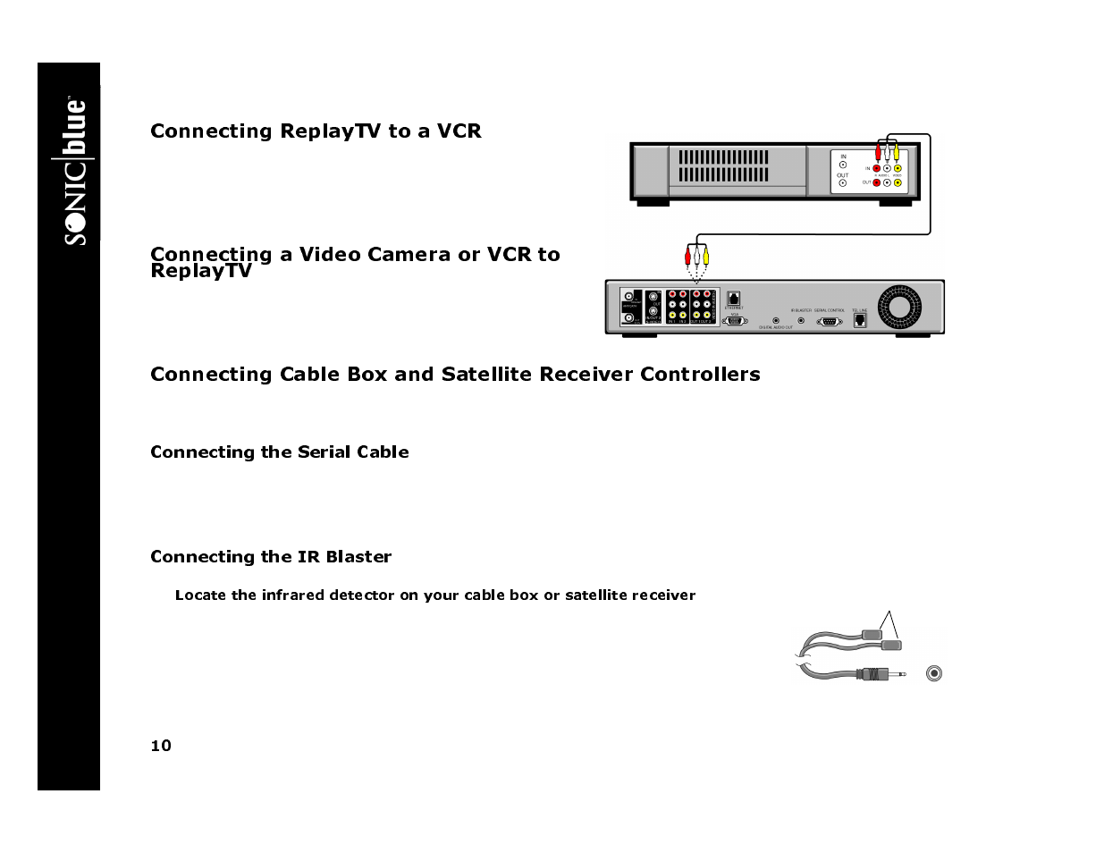 Connecting replaytv to a vcr, Connecting a video camera or vcr to replaytv, Connecting the serial cable | Connecting the ir blaster | Sonic Blue 4500 User Manual | Page 16 / 86