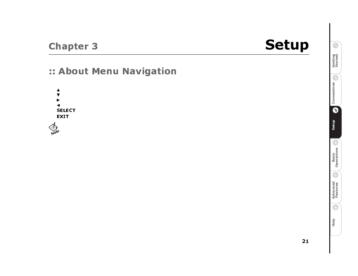 Chapter 3 setup, About menu navigation, Select | Exit, 3 - setup 21, Setup, Chapter 3 | Sonic Blue 4500 User Manual | Page 27 / 86