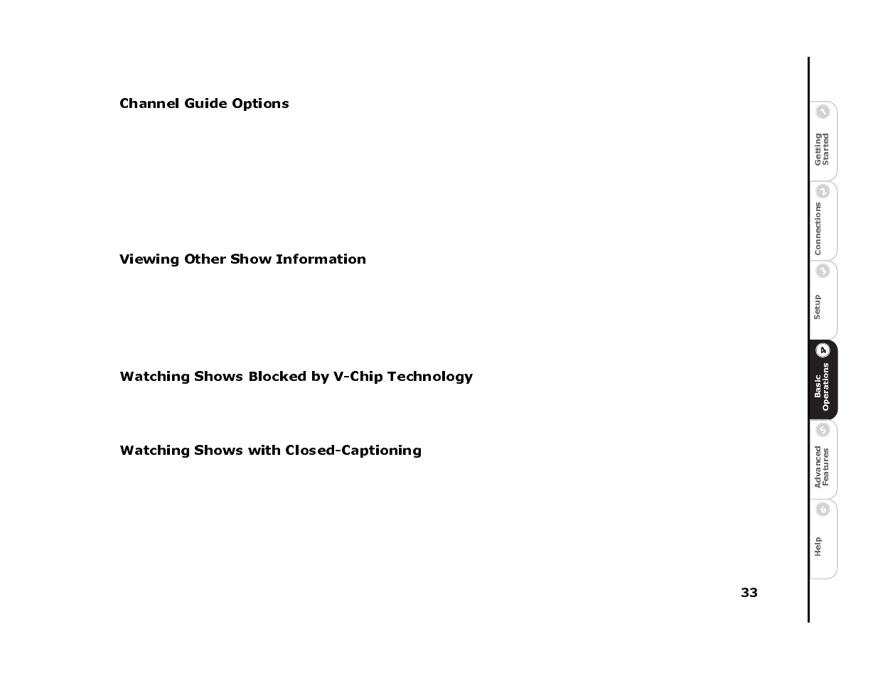 Channel guide options, Viewing other show information, Watching shows blocked by v-chip technology | Watching shows with closed-captioning | Sonic Blue 4500 User Manual | Page 39 / 86