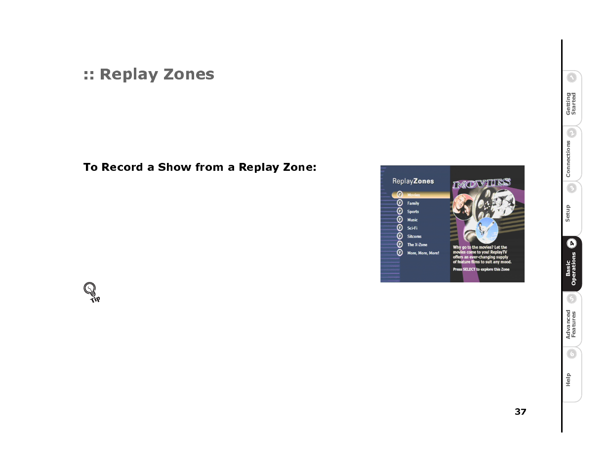 Replay zones, To record a show from a replay zone, 2 select a replay zone | 3 select a category, 4 select create the “zone channel | Sonic Blue 4500 User Manual | Page 43 / 86