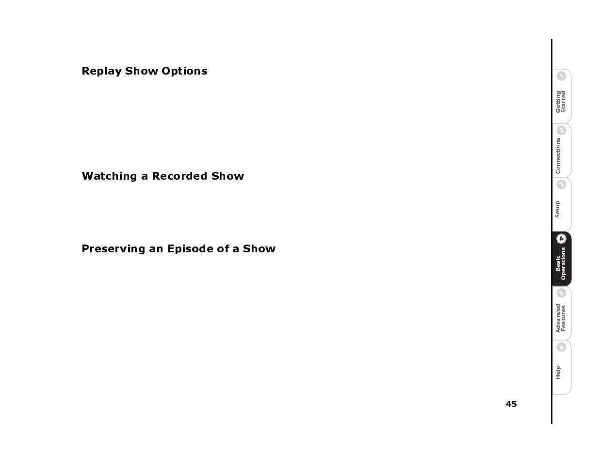Replay show options, Watching a recorded show, 1 press replay guide on the remote control | 2 select a category, 3 highlight the show you want to watch, 4 press select, 5 select play or play from beginning, Preserving an episode of a show, 1 press replay guide on the replaytv remote, 2 highlight the show you want to preserve | Sonic Blue 4500 User Manual | Page 51 / 86