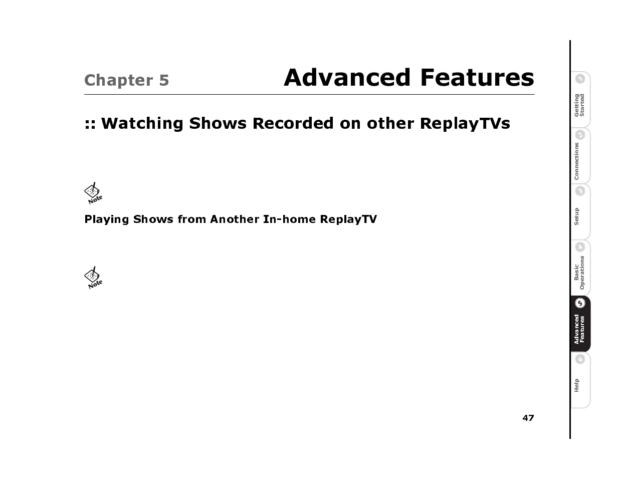 Chapter 5 advanced features, Watching shows recorded on other replaytvs, Playing shows from another in-home replaytv | 5 - advanced features 47, Advanced features, Chapter 5 | Sonic Blue 4500 User Manual | Page 53 / 86