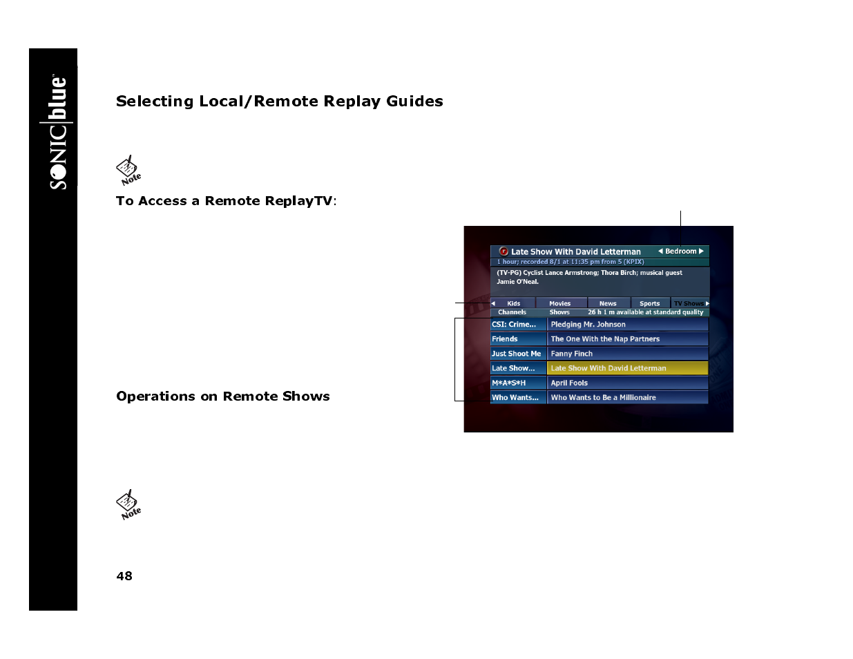 Selecting local/remote replay guides, To access a remote replaytv, 3 access the category you want to browse | Operations on remote shows, Re p lay tv 45 00 | Sonic Blue 4500 User Manual | Page 54 / 86