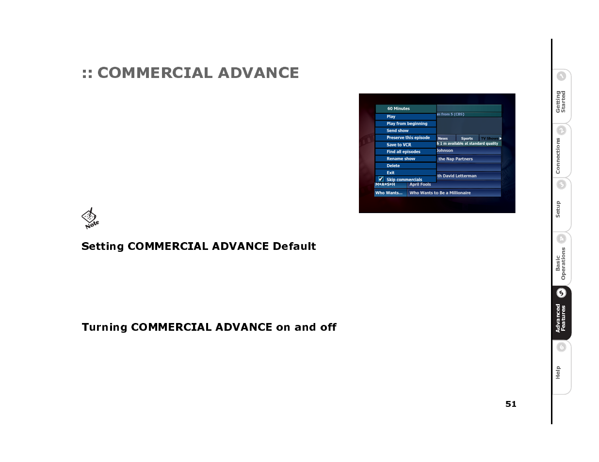 Commercial advance, Setting commercial advance default, 1 press menu on the replaytv remote control | 2 select setup, 3 select default playback options, Turning commercial advance on and off | Sonic Blue 4500 User Manual | Page 57 / 86