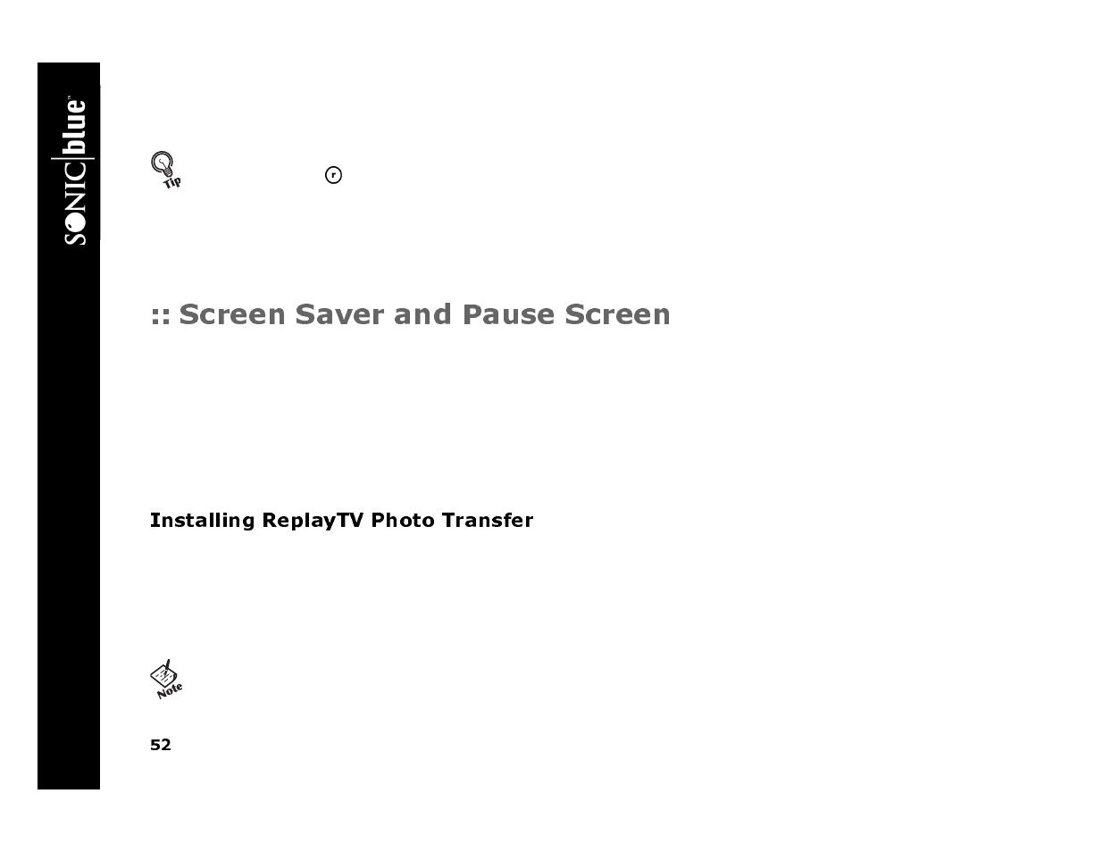 Screen saver and pause screen, 1 live tv is stopped or paused for 10 minutes, Installing replaytv photo transfer | Re p lay tv 45 00 | Sonic Blue 4500 User Manual | Page 58 / 86