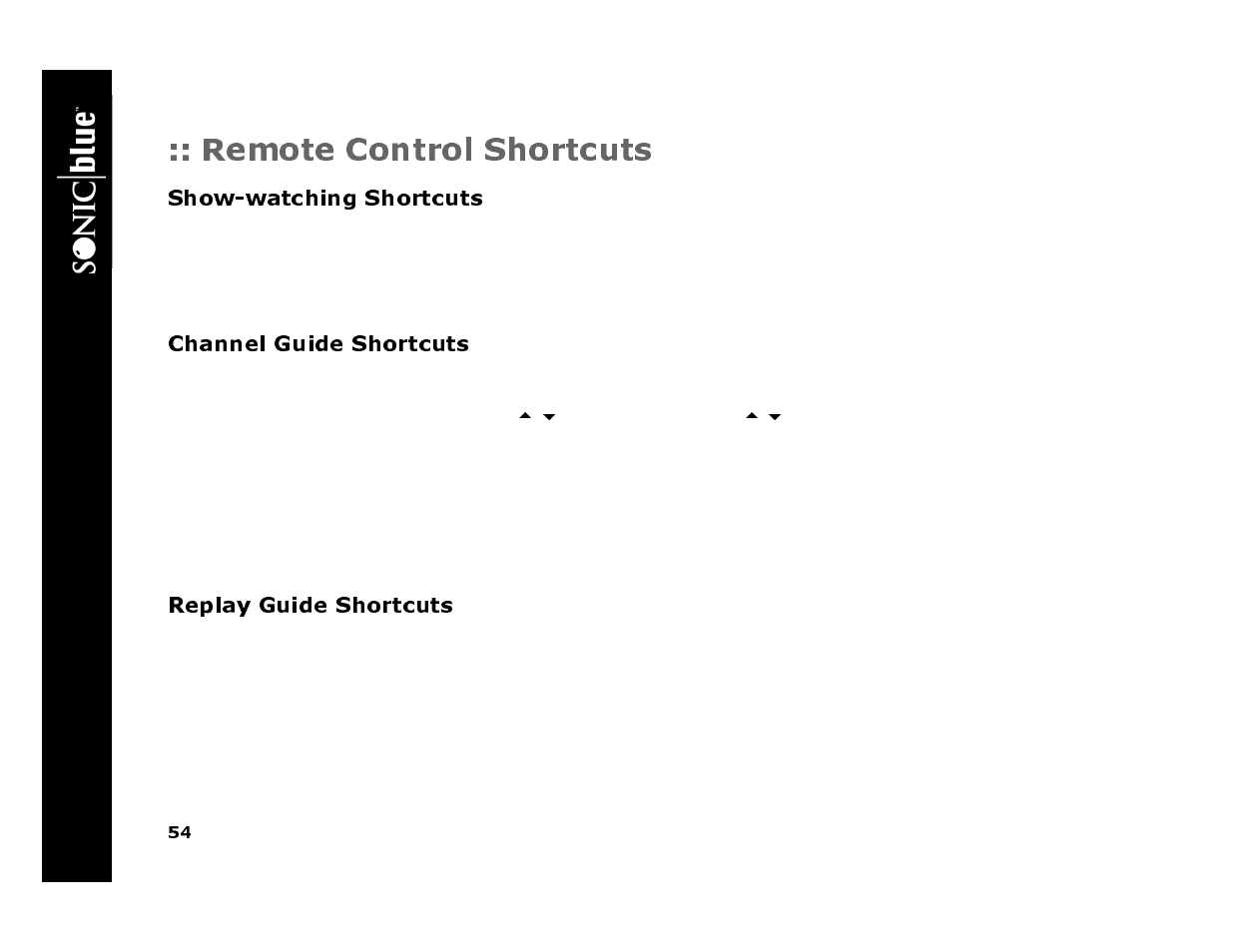 Remote control shortcuts, Show-watching shortcuts, Channel guide shortcuts | Replay guide shortcuts, Re p lay tv 45 00 | Sonic Blue 4500 User Manual | Page 60 / 86