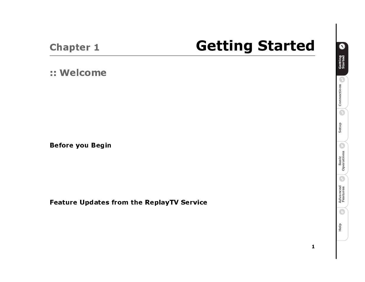 Chapter 1 getting started, Welcome, 1 press menu to display the replaytv main menu | 2 select setup, 3 select system information, Before you begin, Feature updates from the replaytv service, 1 - getting started 1, Chapter 1, Getting started | Sonic Blue 4500 User Manual | Page 7 / 86