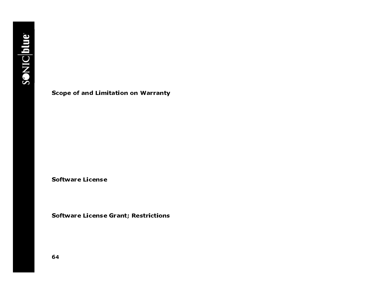 Scope of and limitation on warranty, Software license, Software license grant; restrictions | Sonic Blue 4500 User Manual | Page 70 / 86