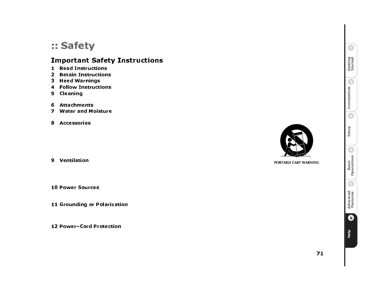 Safety, Important safety instructions, 1 read instructions | 2 retain instructions, 3 heed warnings, 4 follow instructions, 5 cleaning, 6 attachments, 7 water and moisture, 8 accessories | Sonic Blue 4500 User Manual | Page 77 / 86