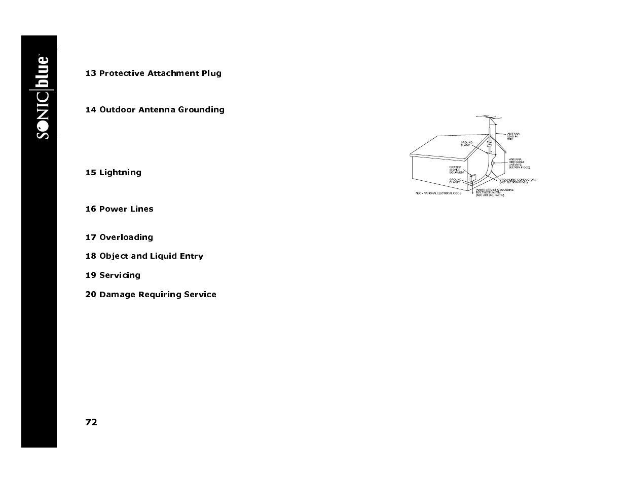 13 protective attachment plug, 14 outdoor antenna grounding, 15 lightning | 16 power lines, 17 overloading, 18 object and liquid entry, 19 servicing, 20 damage requiring service, Re p lay tv 45 00, 16power lines | Sonic Blue 4500 User Manual | Page 78 / 86