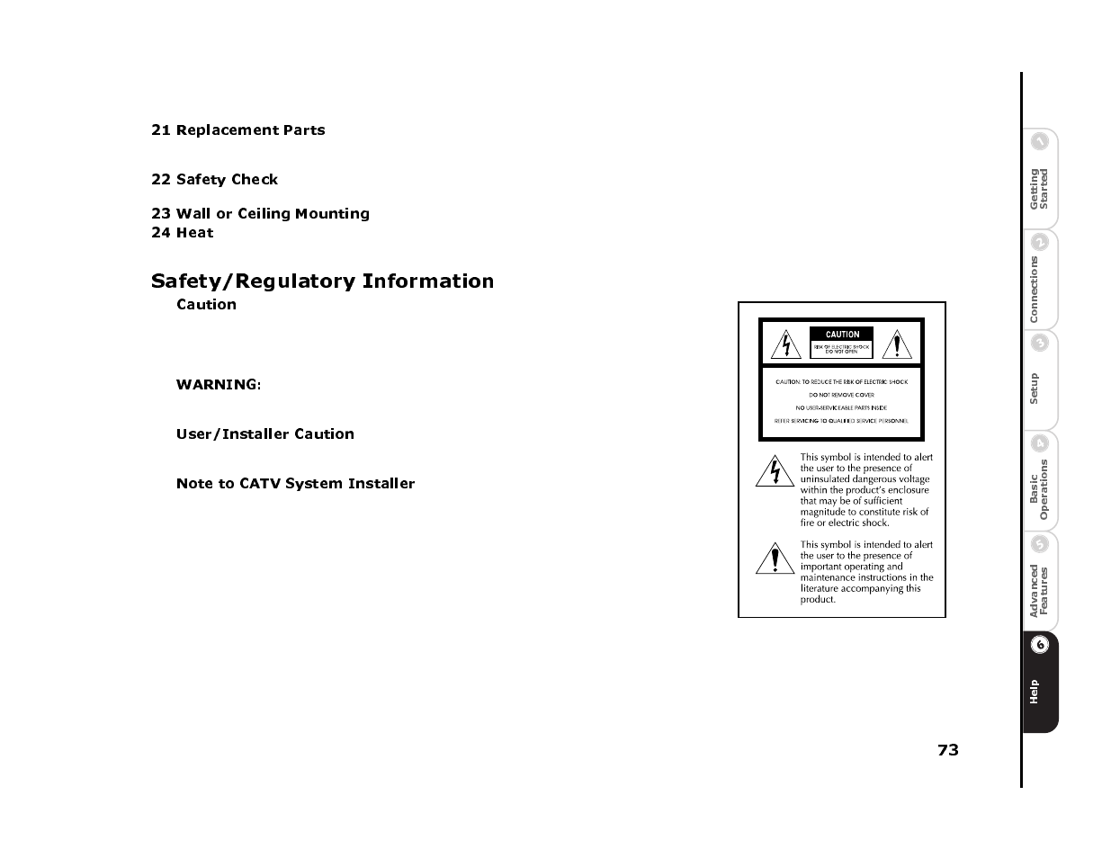 21 replacement parts, 22 safety check, 23 wall or ceiling mounting | 24 heat, Safety/regulatory information, Caution, Warning, User/installer caution, Note to catv system installer | Sonic Blue 4500 User Manual | Page 79 / 86