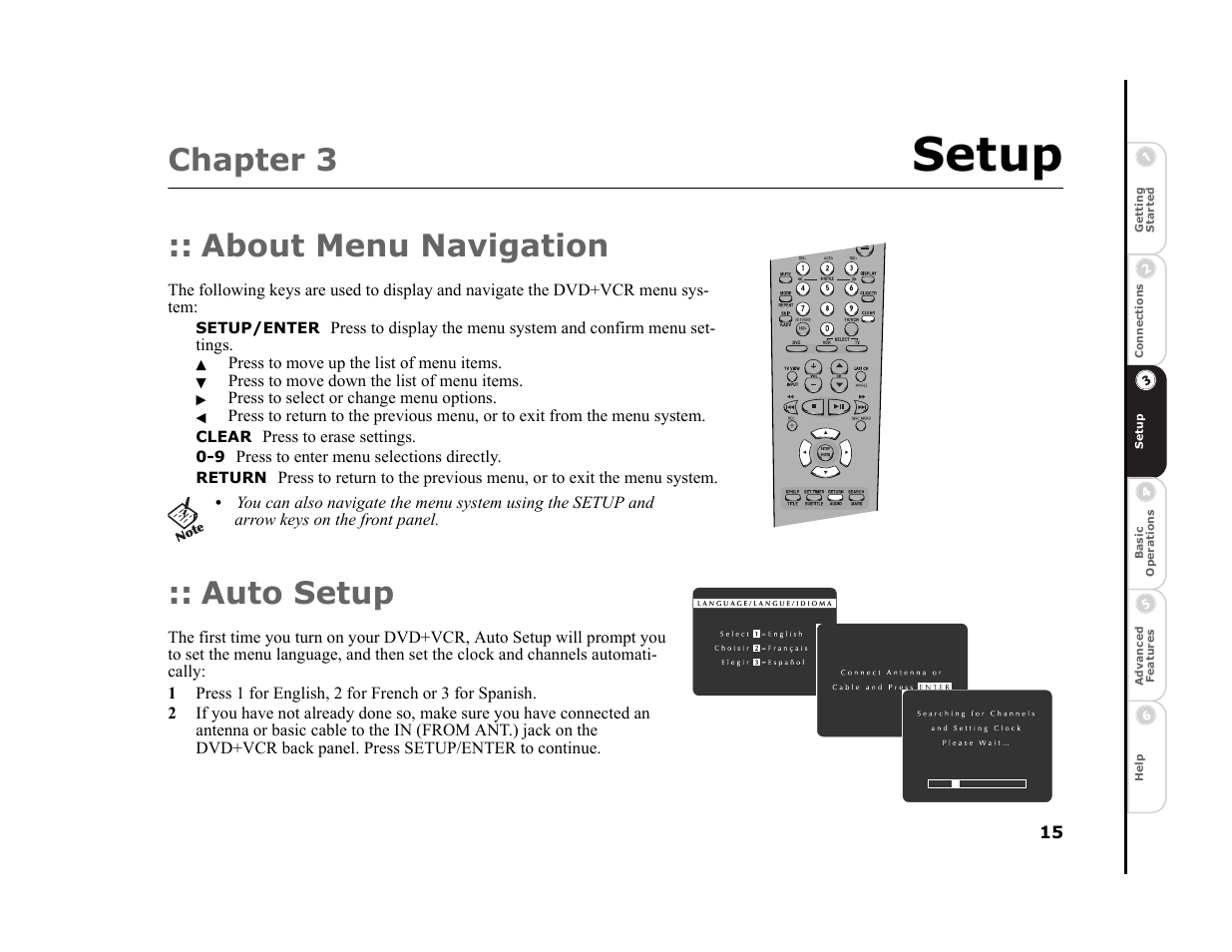 Setup, Chapter 3, About menu navigation | Auto setup | Sonic Blue DVR4400 User Manual | Page 21 / 68