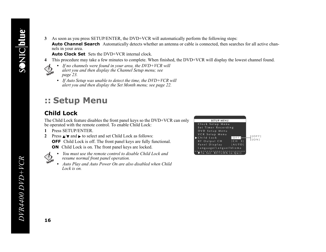 Setup menu, Dvr4400 dvd+vcr | Sonic Blue DVR4400 User Manual | Page 22 / 68